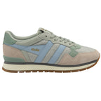 A side view of the Gola women's trainer, showcasing its pastel green, blue, and pink colors.