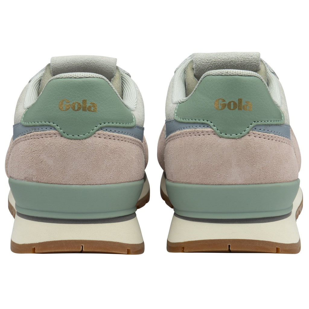 The rear view of two Gola women's trainers, displaying their pastel green and pink heels.