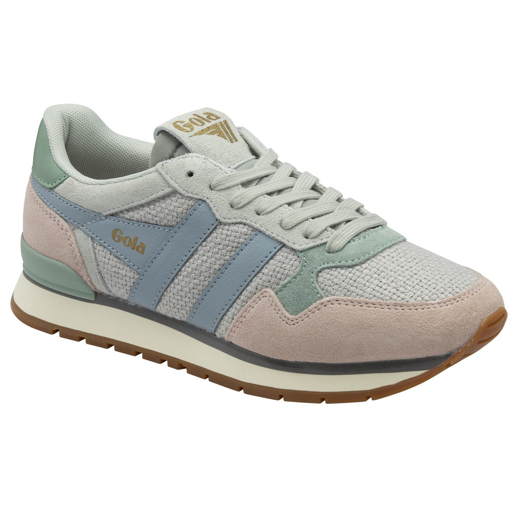 An angled view of the Gola women's trainer, highlighting the soft green, blue, and pink hues.