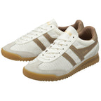 Pair of Gola men's shoes in white and tan, with gum soles, angled for display.