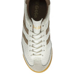 Top-down view of a single Gola men's shoe in white and tan, showing laces and logo.