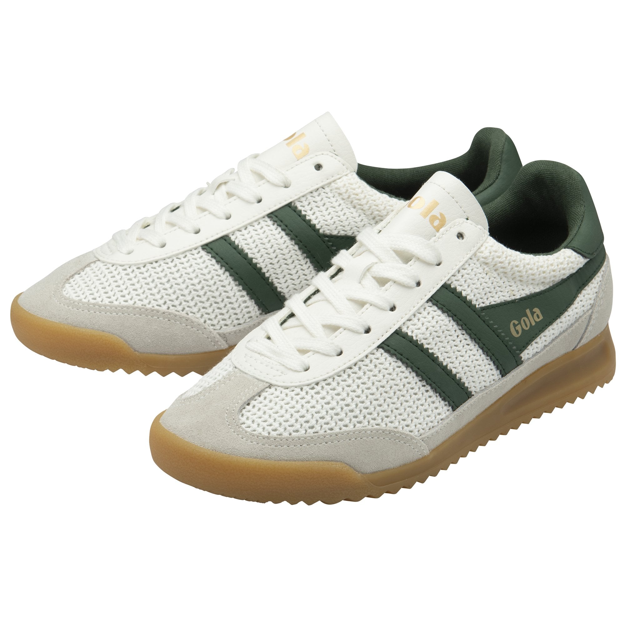 A pair of white and green Gola sneakers with gum soles, viewed at an angle.