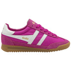Bright pink Gola women's sneaker with white stripes and a gum sole, side view.