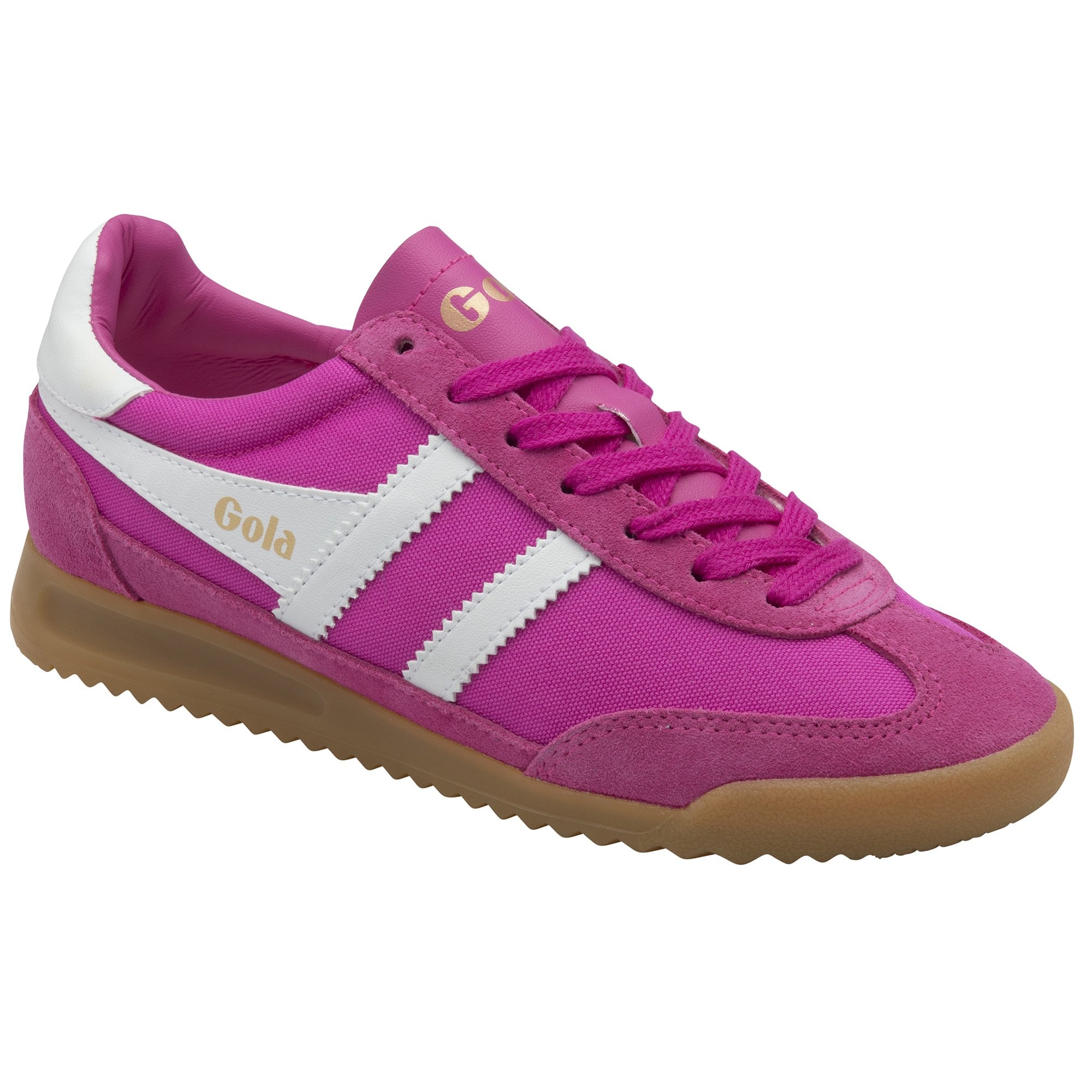 Side profile of a Gola women's trainer in bright pink with white stripes and a gum sole.