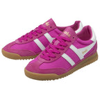 Pair of bright pink Gola women's sneakers with white stripes and gum soles, angled view.