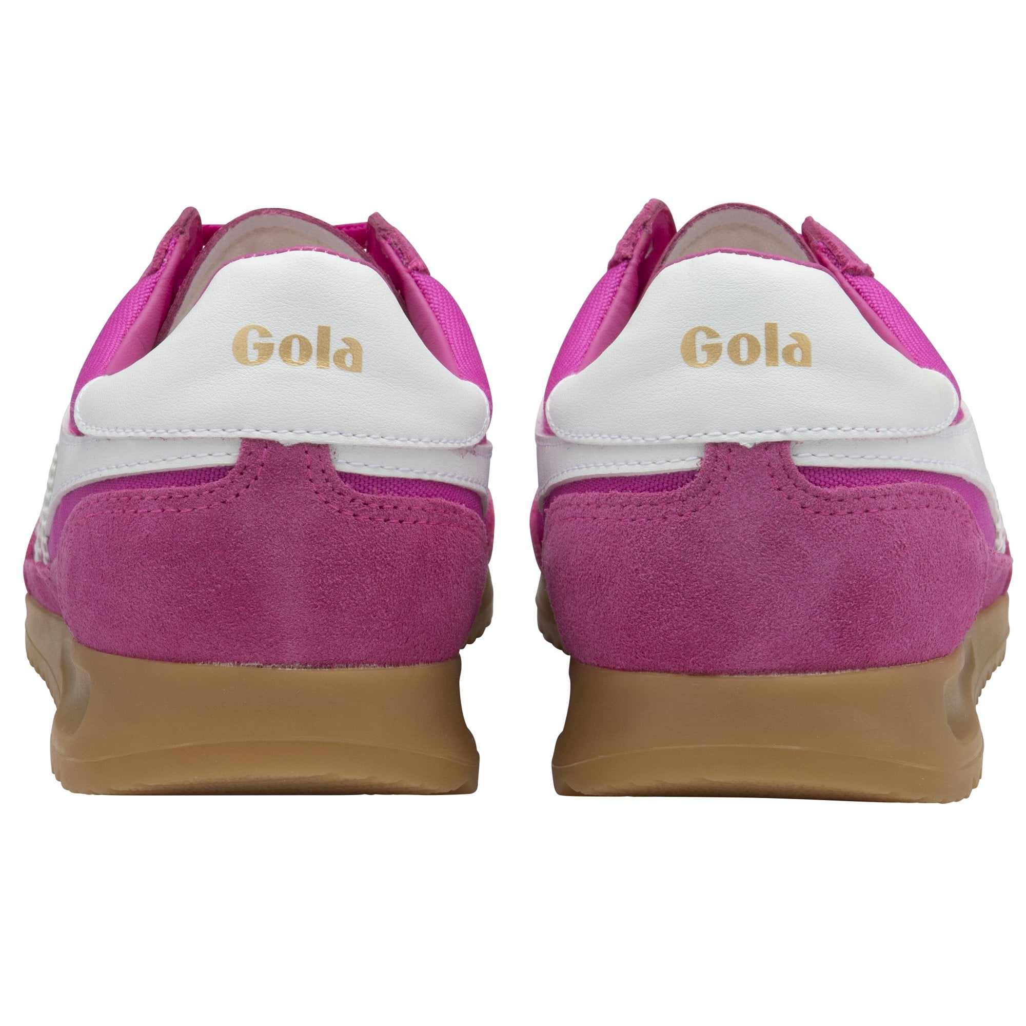 Back view of a pair of bright pink Gola women's sneakers with white heels.