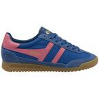 Side profile of a blue Gola trainer with pink stripes and a gum sole.