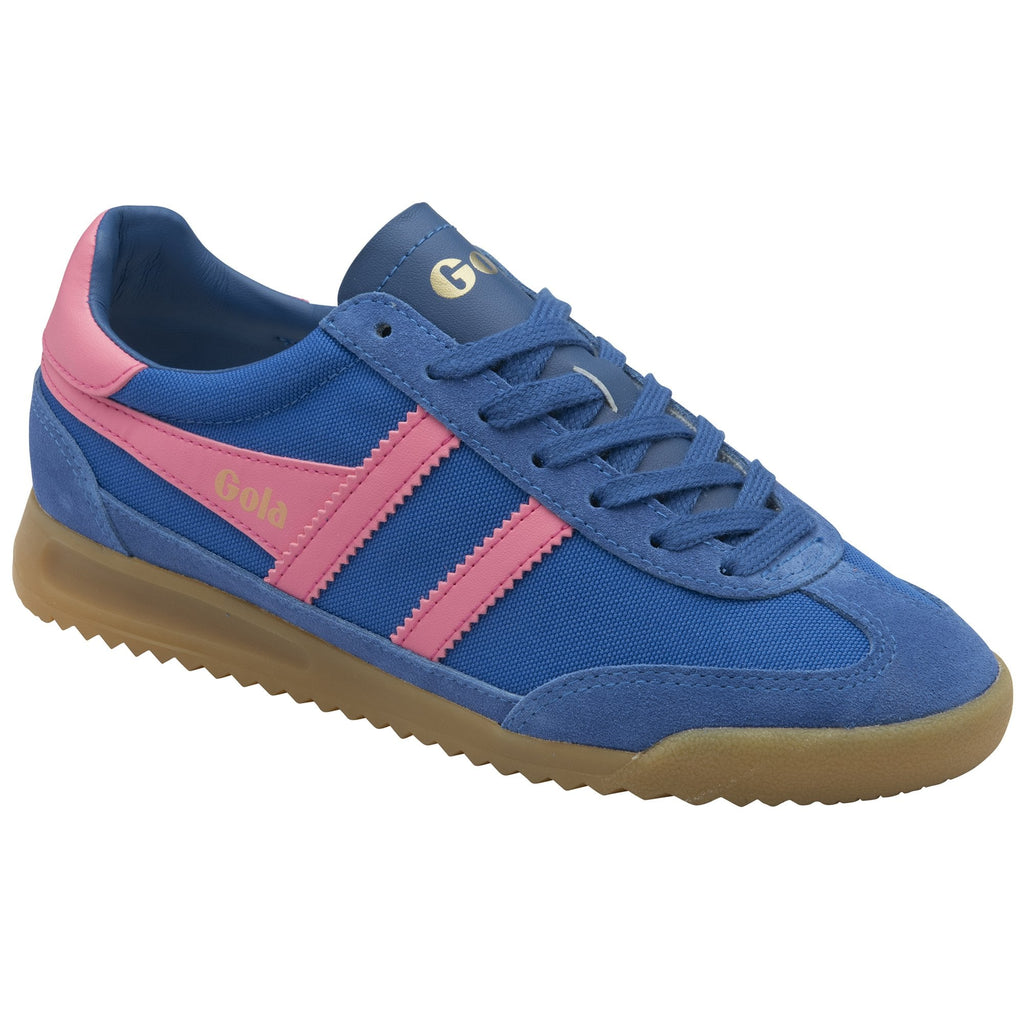 Angled view of a blue Gola trainer with pink stripes and a gum sole.