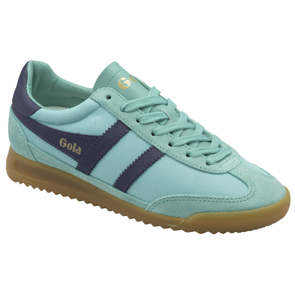 A single Gola trainer in aqua with dark blue stripes and a gum sole, viewed from an angle.