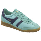 A single Gola trainer in aqua with dark blue stripes and a gum sole, viewed from an angle.