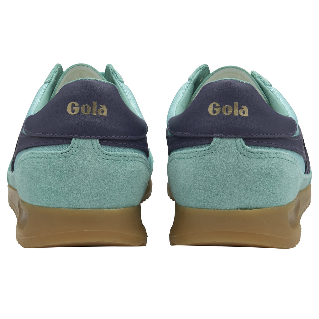 The back view of a pair of Gola trainers in aqua with dark blue accents.