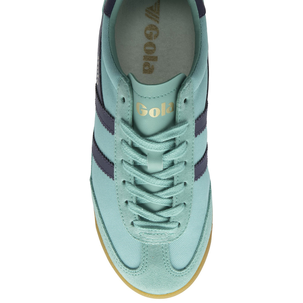 The top-down view of a single Gola trainer in aqua with dark blue stripes.