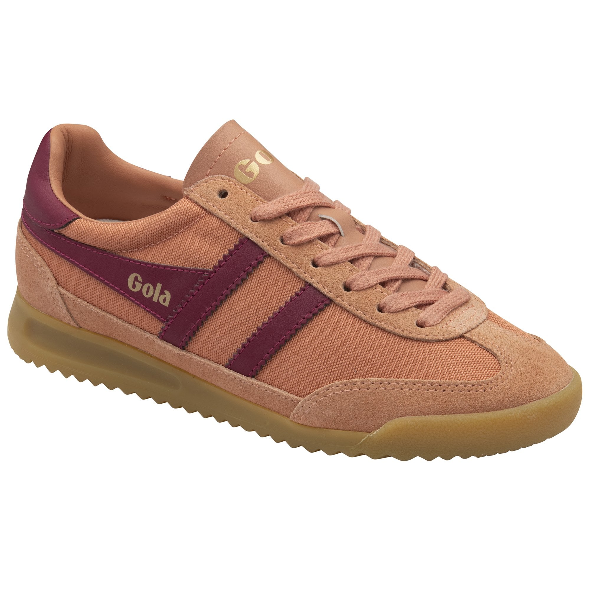 A single Gola low-top sneaker in brown and maroon, slight angle view.
