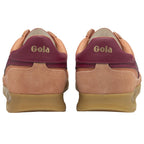 Rear view of a pair of brown and maroon Gola low-top sneakers.