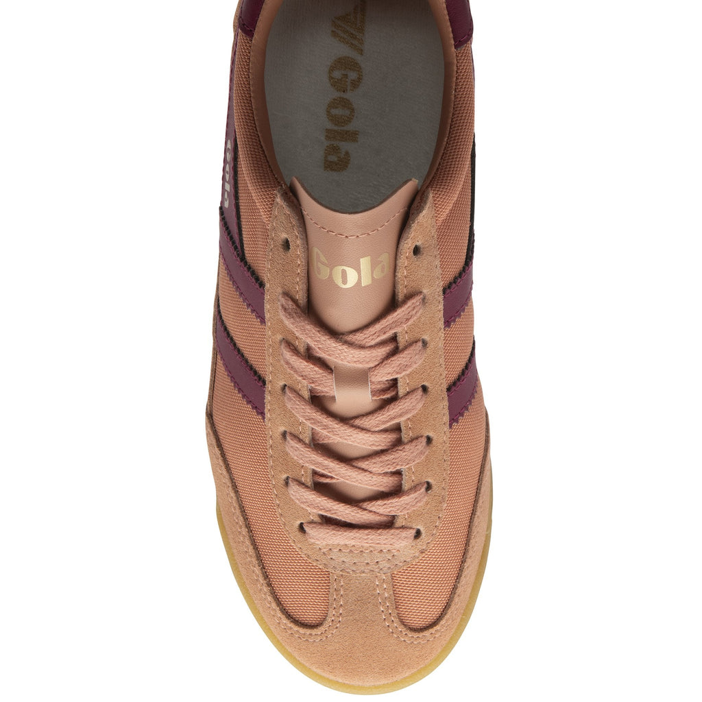 Top-down view of a single Gola low-top sneaker in brown and maroon.