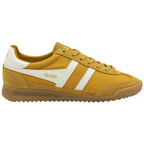 A single mustard yellow Gola trainer with white stripes on the side.