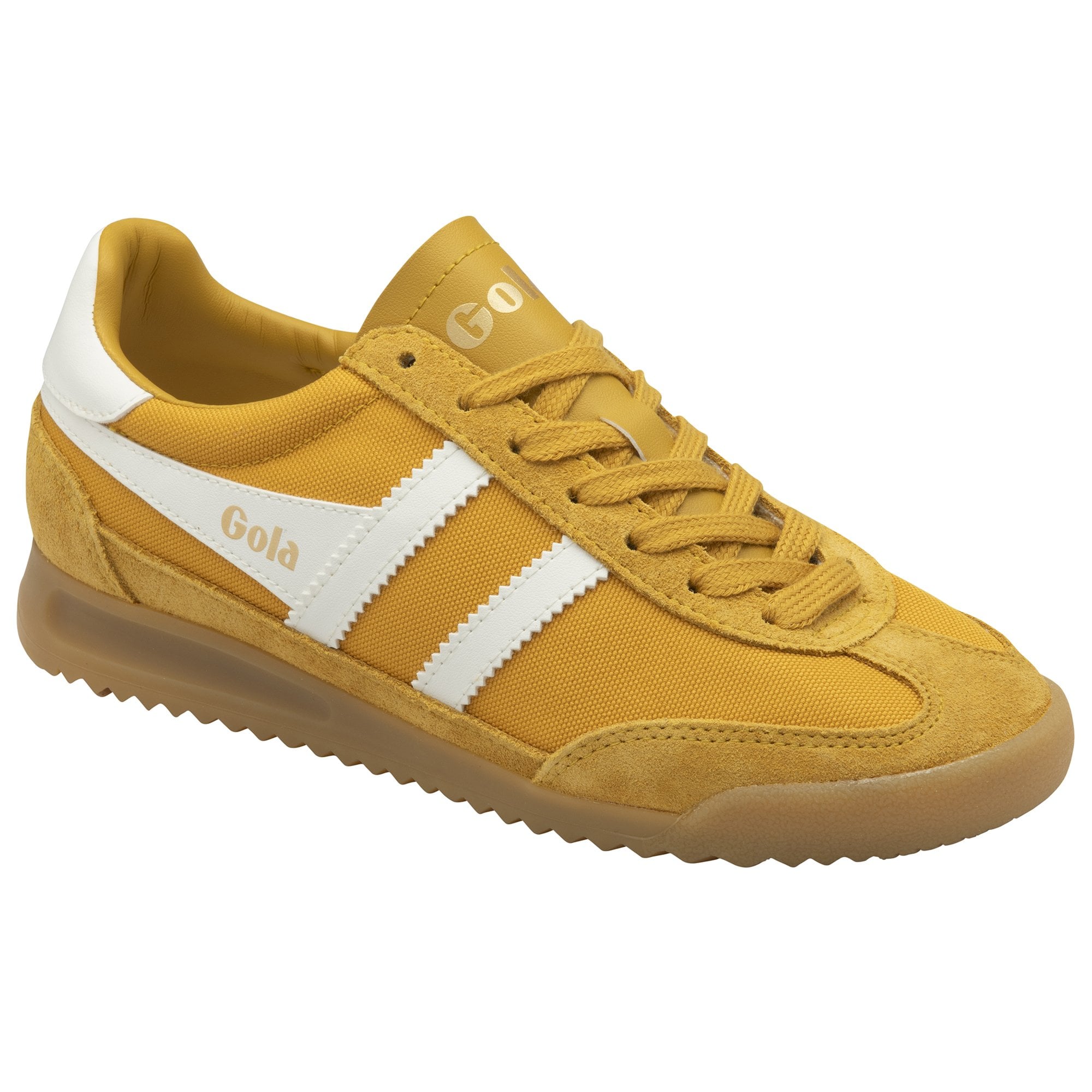 A single mustard yellow Gola trainer with white stripes and a gum sole.