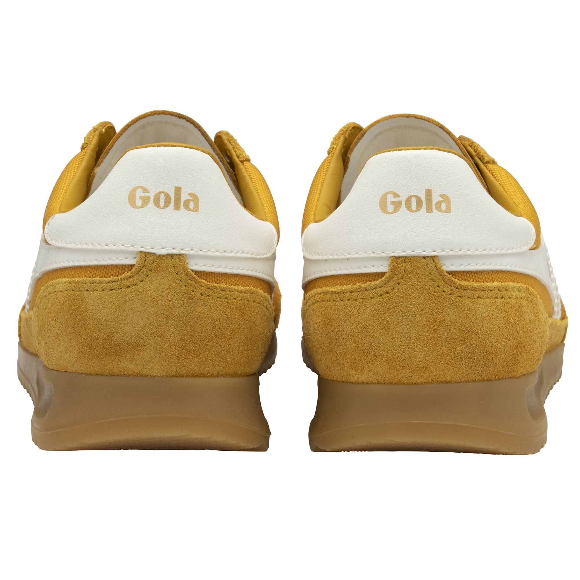 The back view of a pair of mustard yellow Gola trainers with white heel accents.