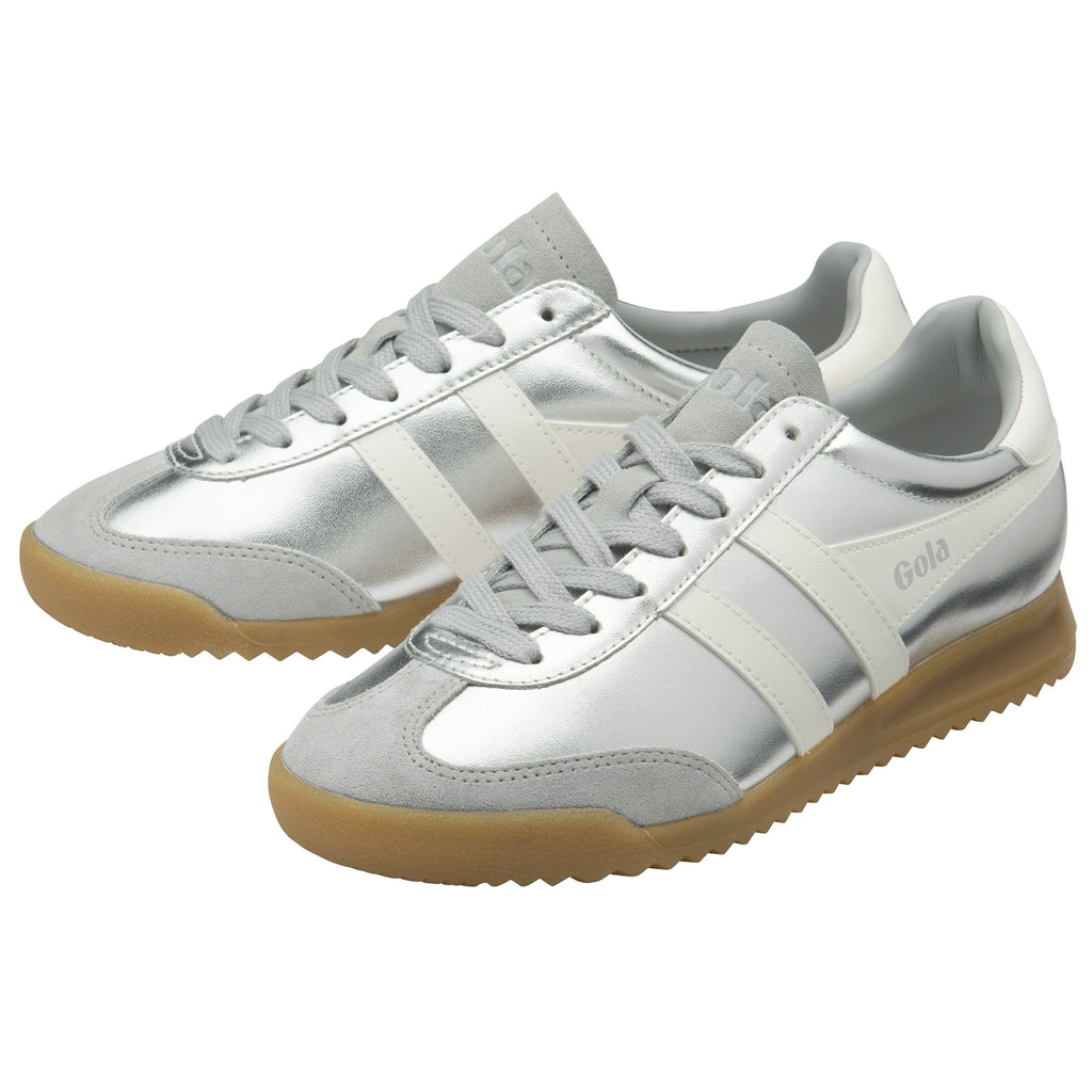 A pair of silver Gola shoes with cream accents and a gum sole, angled for display.