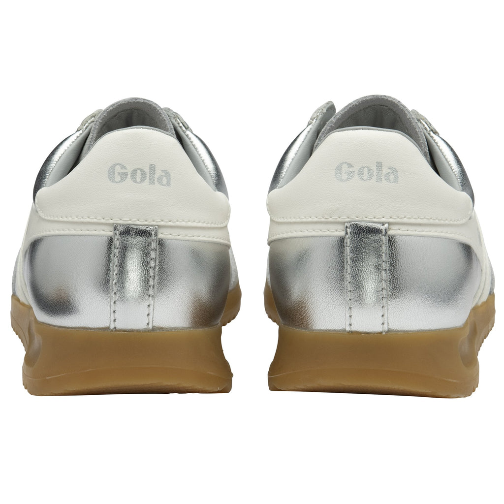 Back view of a pair of Gola shoes, showing the silver and white design.