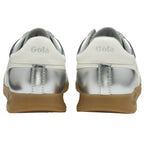 Back view of a pair of Gola shoes, showing the silver and white design.
