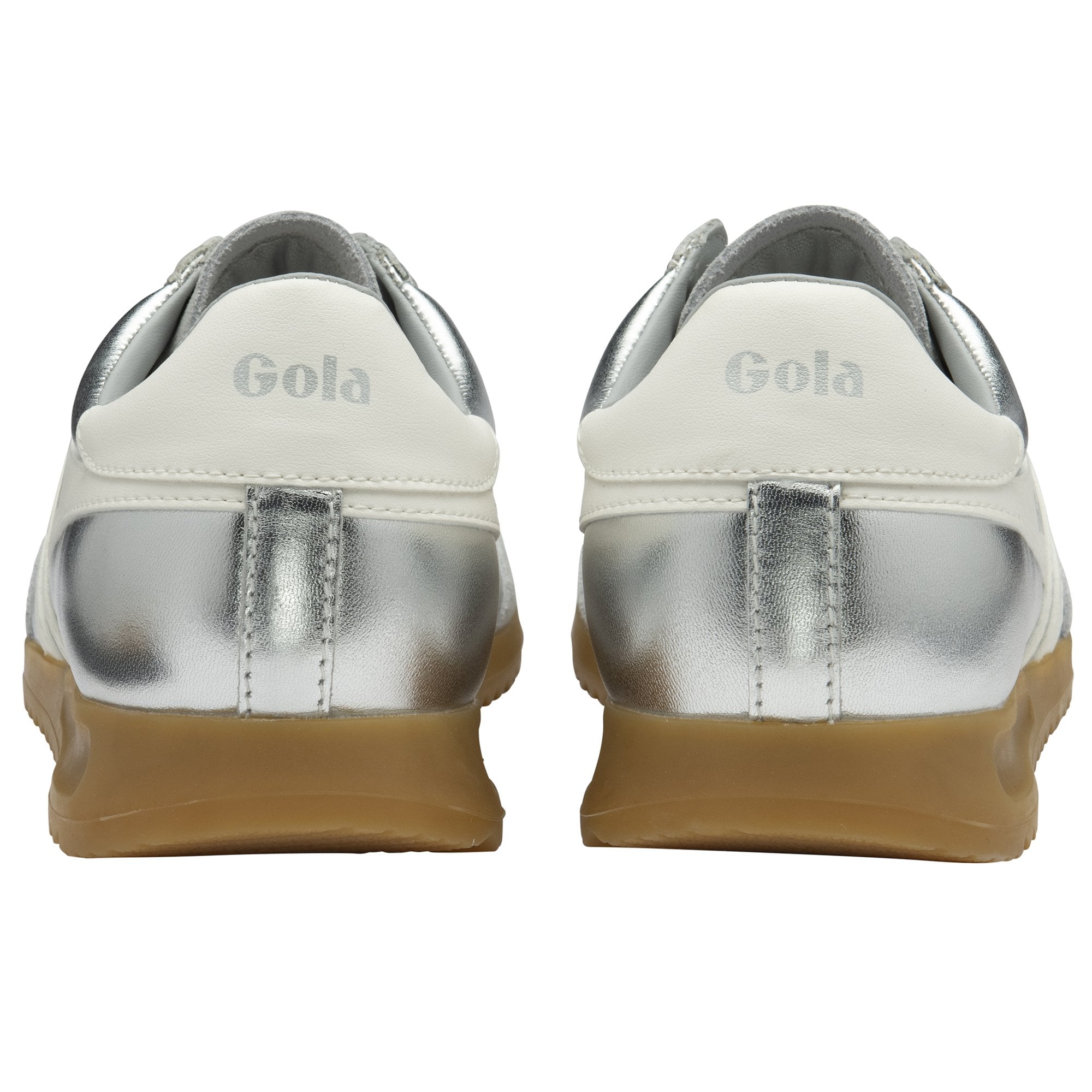 Back view of a pair of Gola shoes, showing the silver and white design.