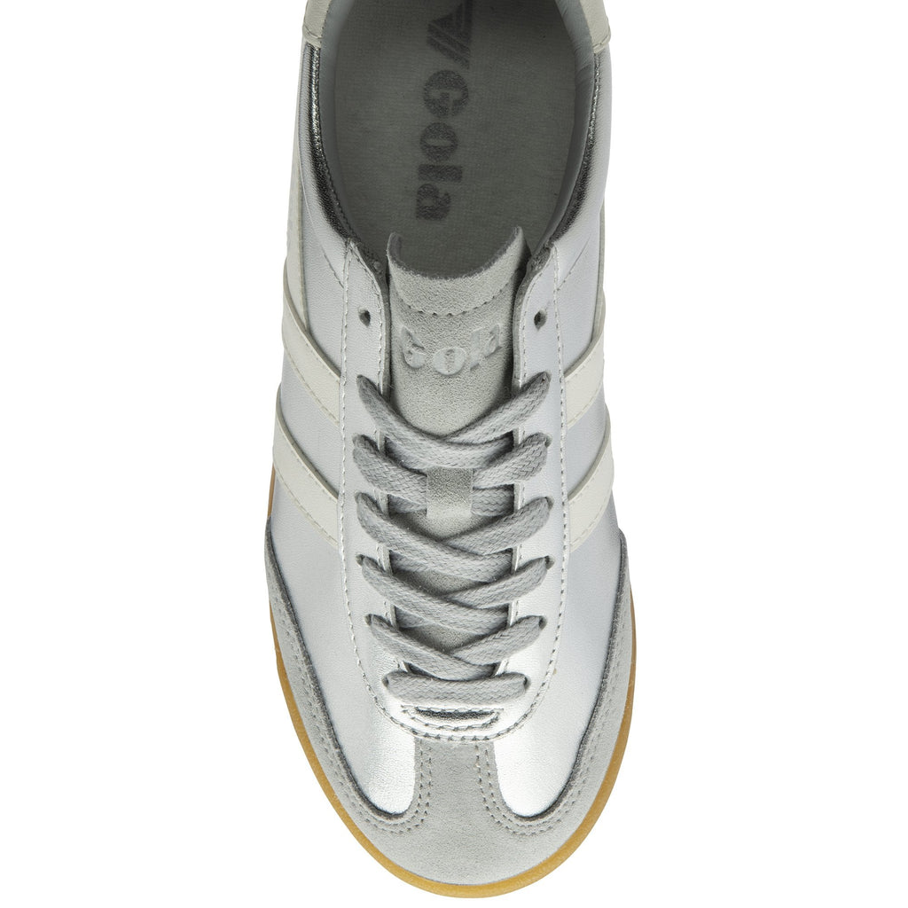 Top-down view of a single Gola shoe in silver with white stripes and gray laces.