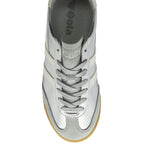 Top-down view of a single Gola shoe in silver with white stripes and gray laces.