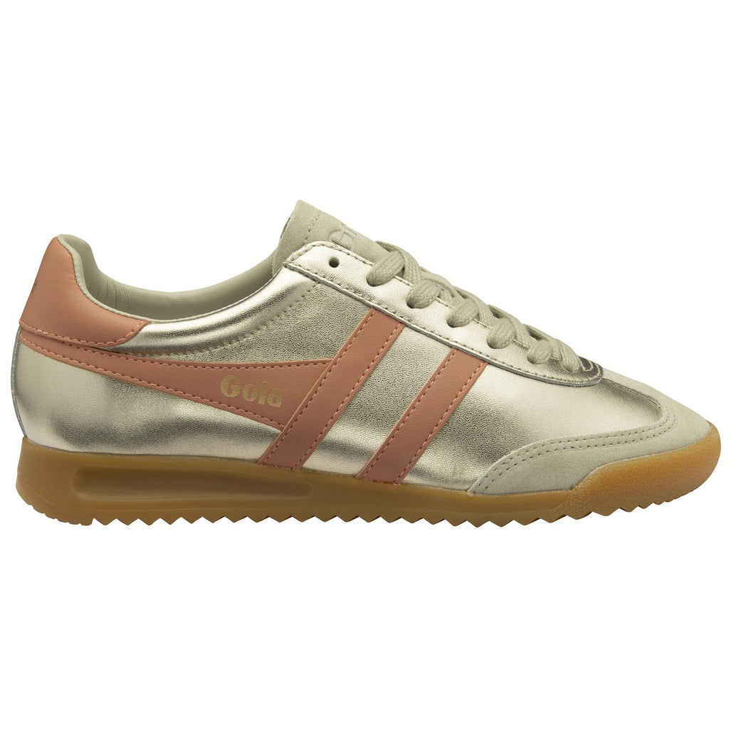 A shiny gold Gola sneaker with two rose gold stripes and a tan sole.