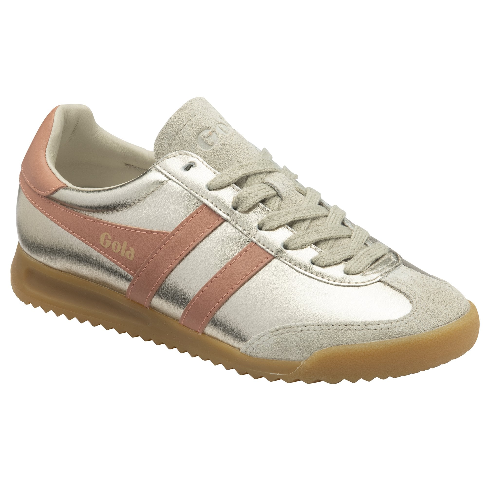 A metallic gold Gola trainer with light rose gold stripes on the side.