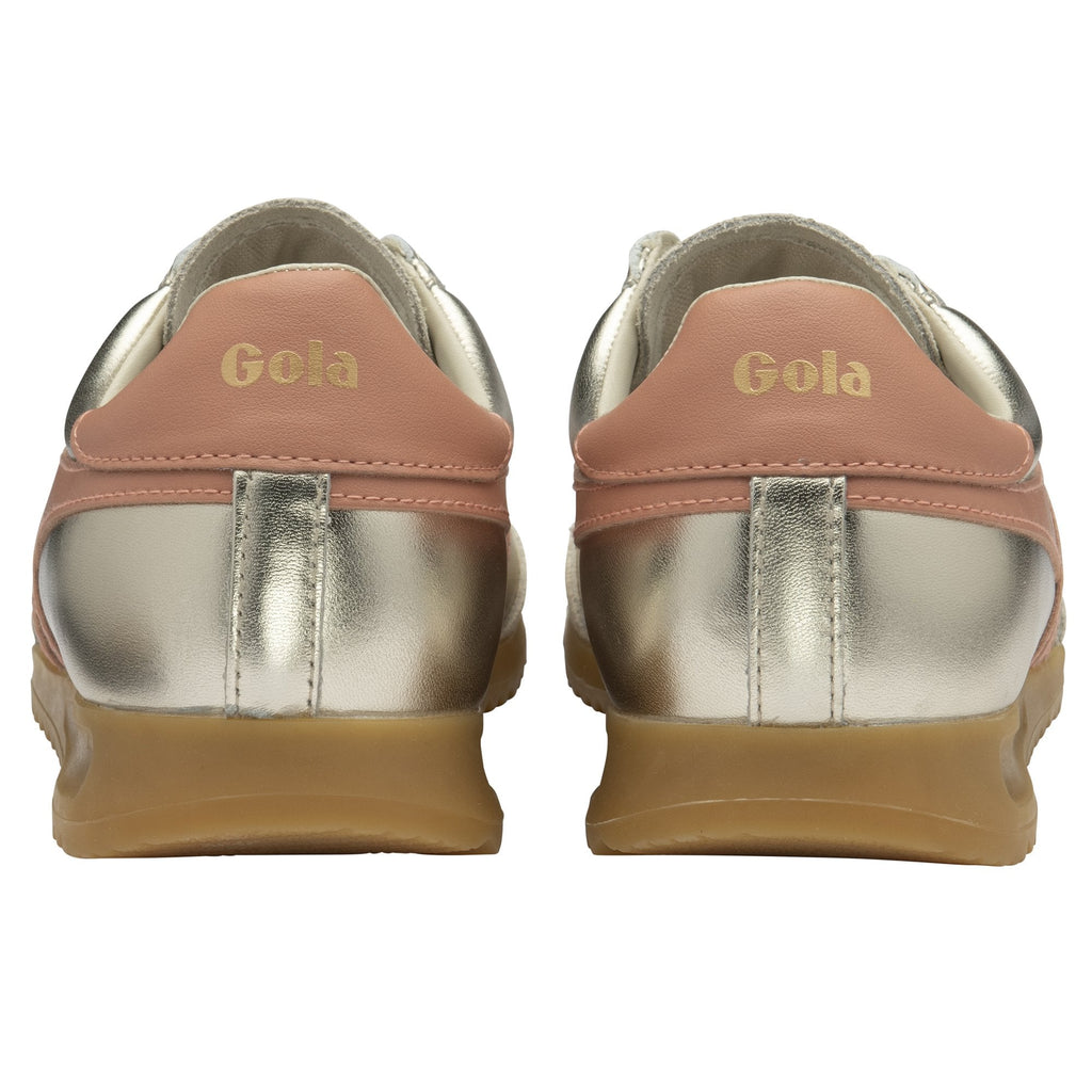 A back view of two gold Gola sneakers with rose gold accents on the heel.