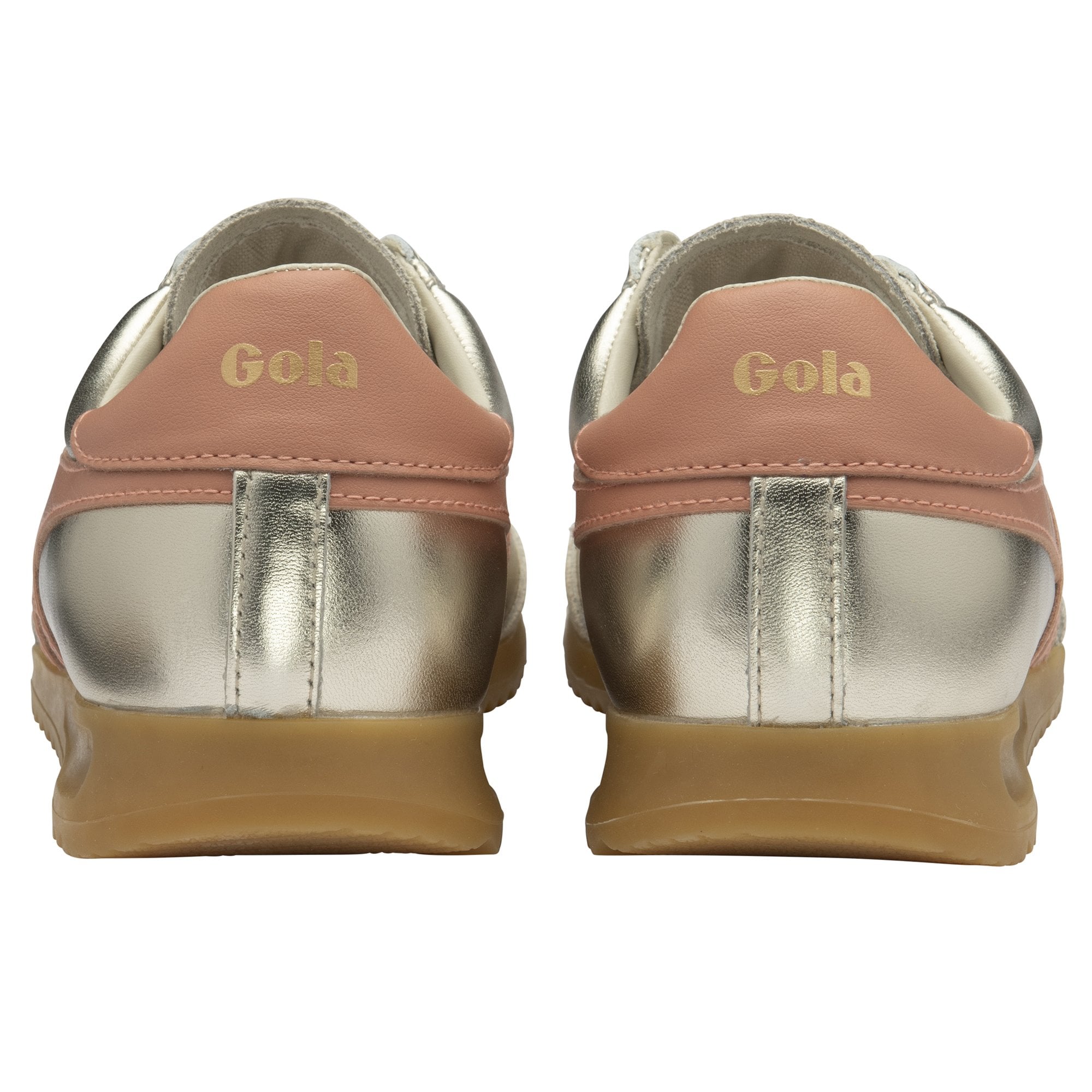 A back view of two gold Gola sneakers with rose gold accents on the heel.