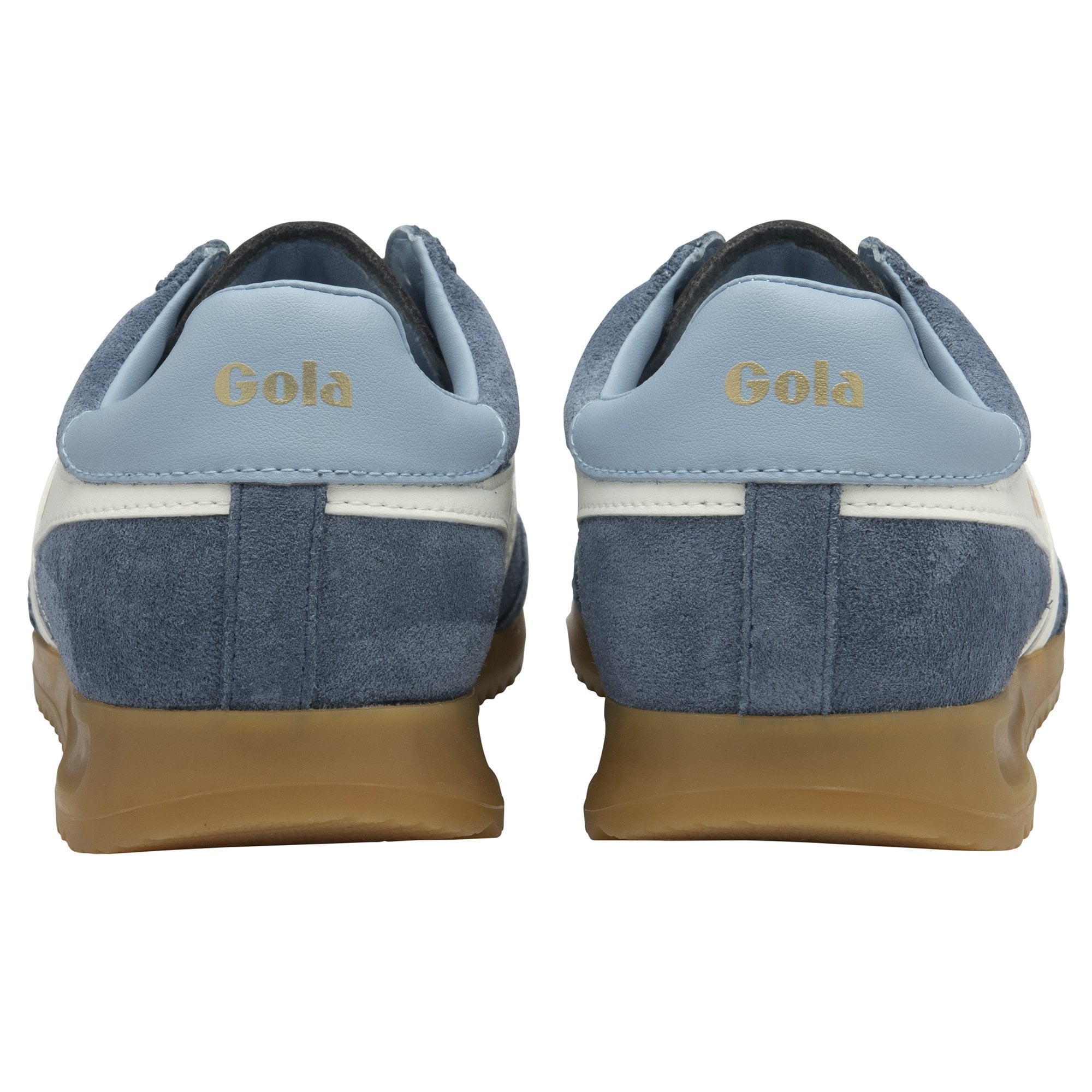 Rear view of a pair of blue Gola trainers with gum soles.