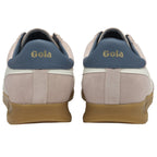 The rear view of two pink Gola trainers showing blue accents and the Gola logo.