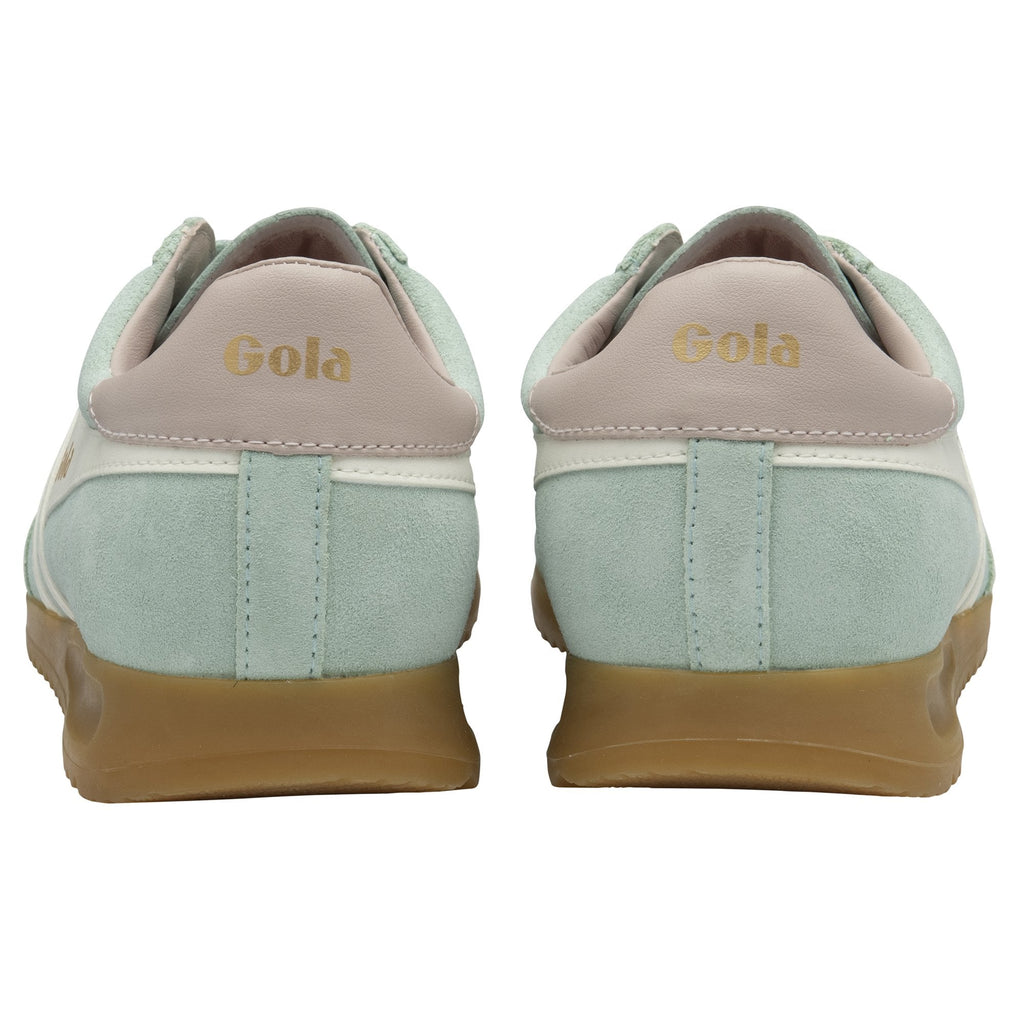 A pair of pale green Gola women's trainers, viewed from behind.
