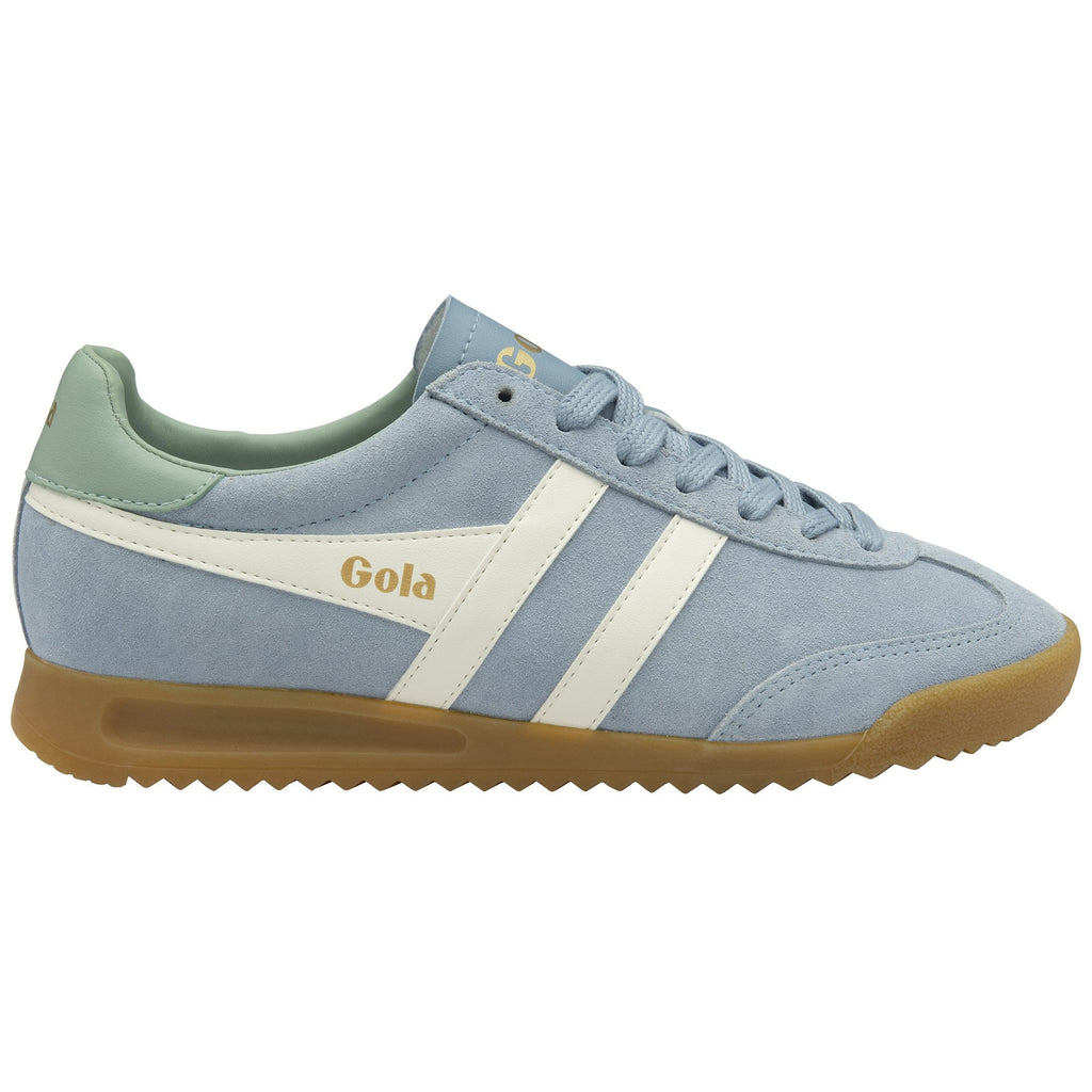 Side view of a light blue Gola sneaker with white stripes and a gum sole.