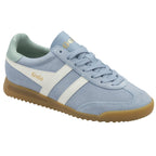 Angled side view of a light blue Gola sneaker with white stripes and a gum sole.