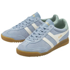 Pair of light blue Gola sneakers with white stripes, gum soles, and light green heel accents.