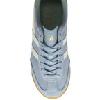Top-down view of a single light blue Gola sneaker with white stripes and laces.
