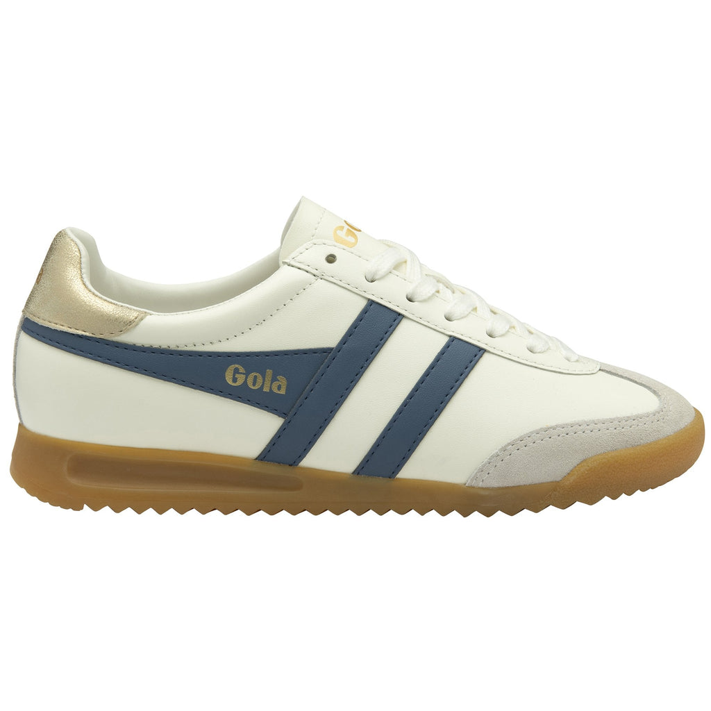 A single white and blue Gola sneaker with a gum sole, viewed from the side.