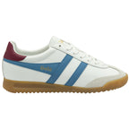 Side profile of a white Gola sneaker with blue stripes and a maroon heel tab.
