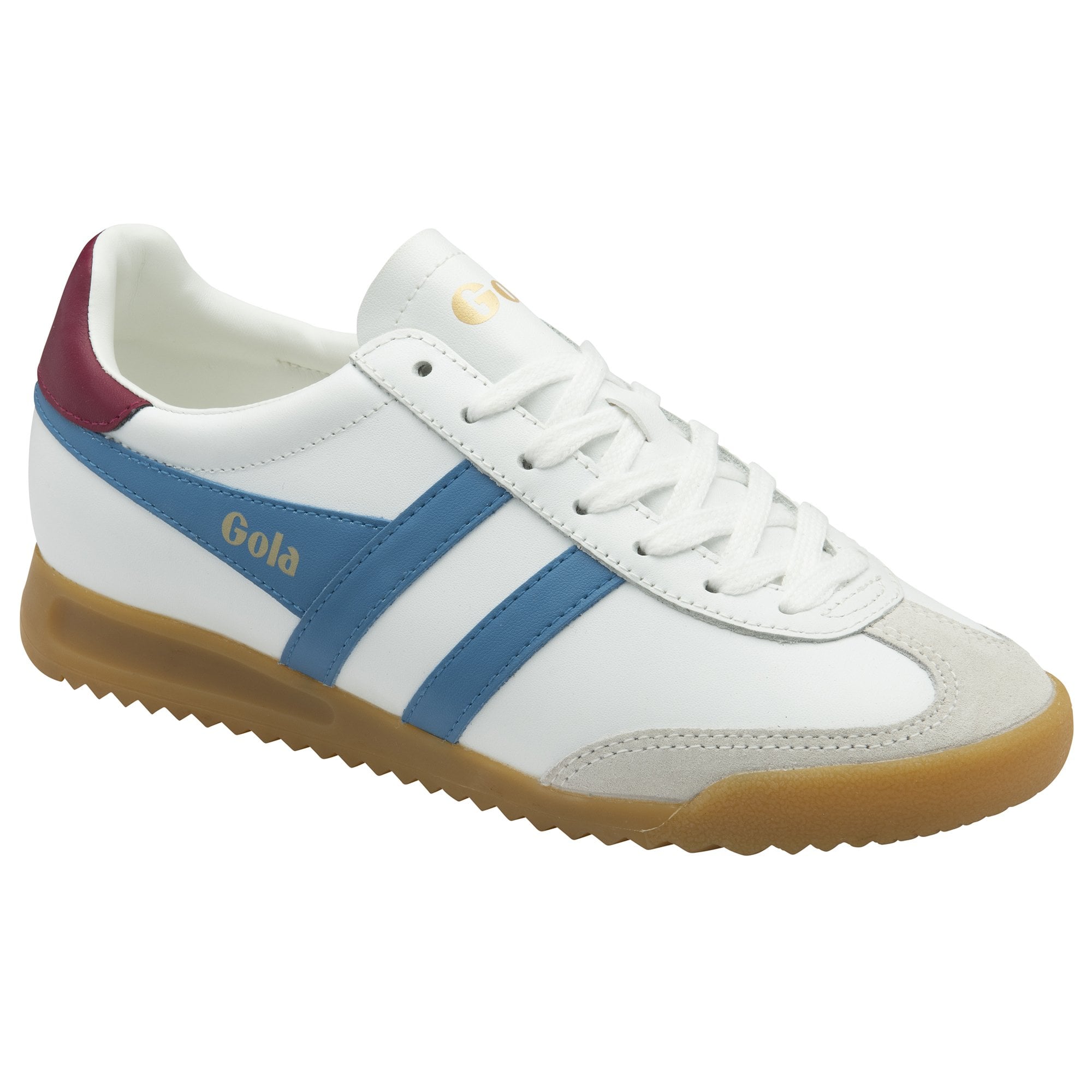 Angled view of a white Gola sneaker with blue stripes and a maroon heel tab.