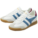 Pair of white Gola sneakers with blue stripes and maroon heel tabs.