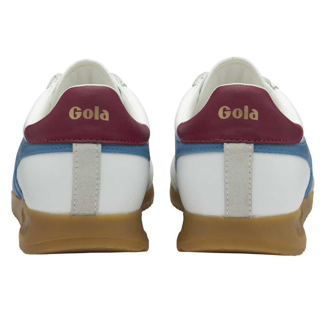 Rear view of two Gola sneakers, showing maroon heel tabs with Gola branding.