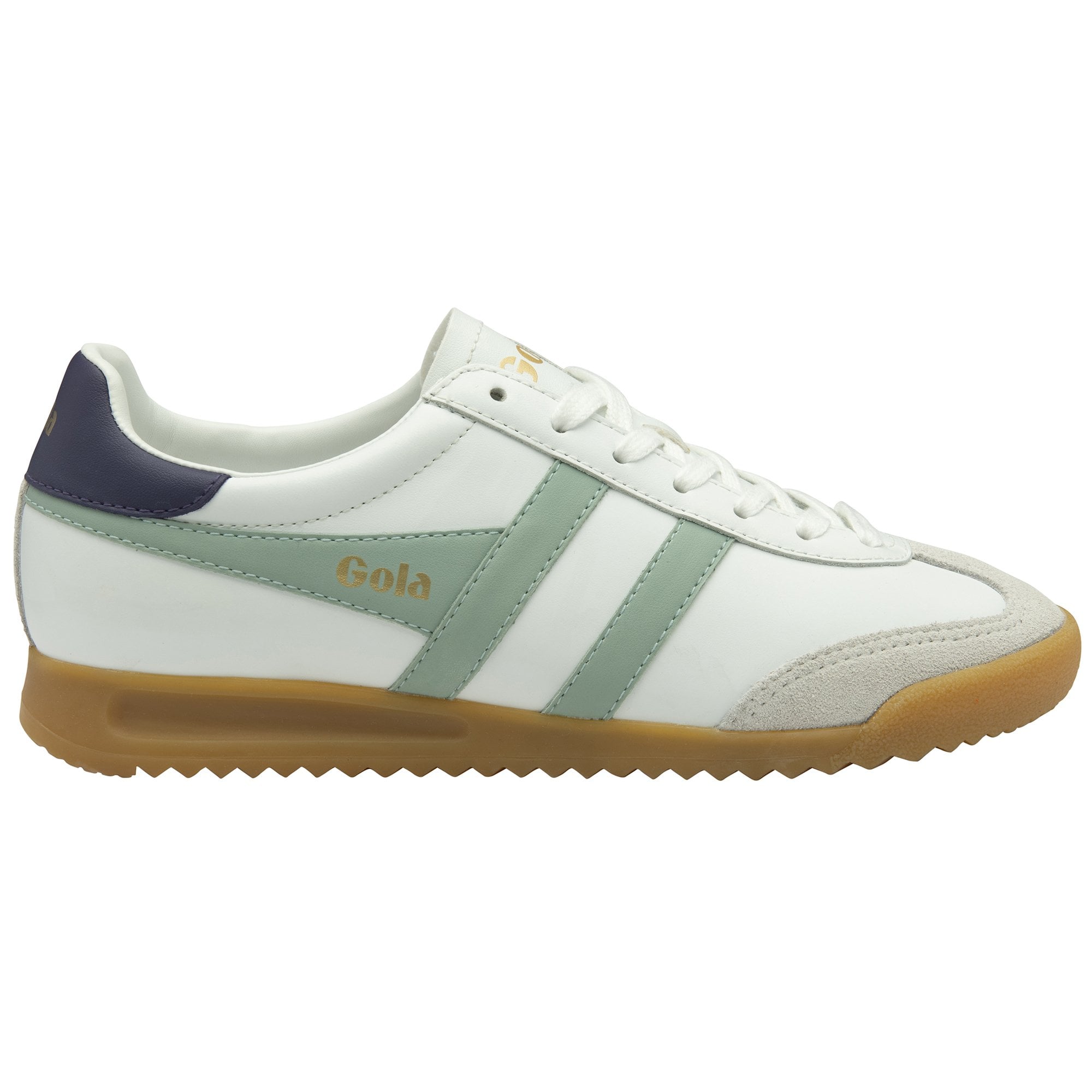 Side profile of the Gola Elan trainer in white, sage and marine blue.