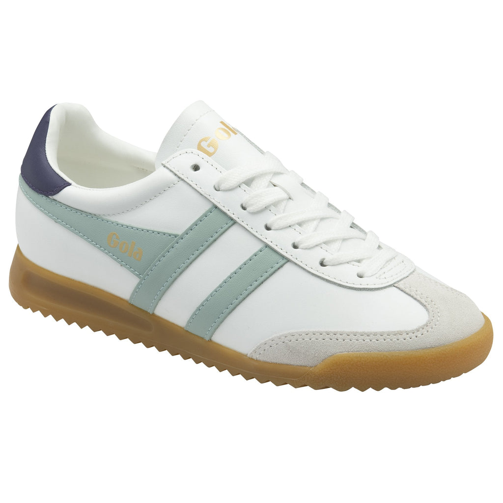 Angled side profile of the Gola Elan trainer in white, sage and marine blue.