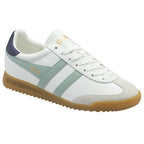 Angled side profile of the Gola Elan trainer in white, sage and marine blue.