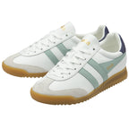 Pair of Gola Elan trainers in white, sage and marine blue at an angle.