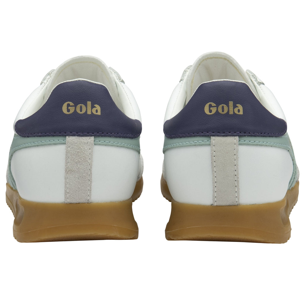 Rear view of the Gola Elan trainers in white, sage and marine blue.