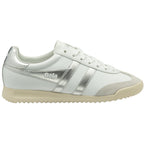 White Gola sneaker with silver stripes and a textured beige sole, right profile view.